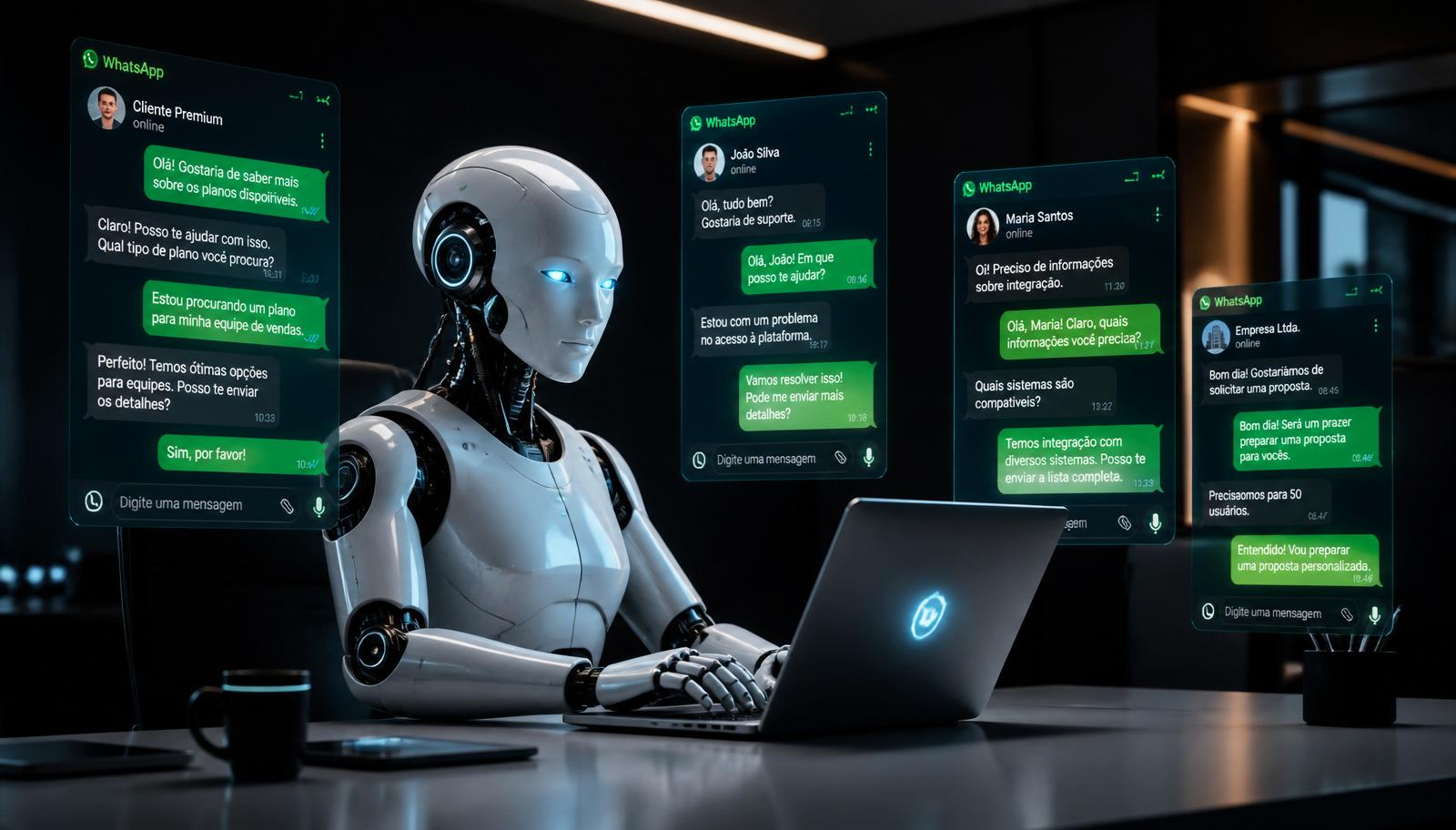 Humanoide de IA respondendo múltiplos chats de WhatsApp